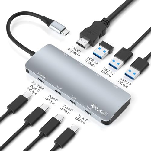 Suejezt USB C Hub 8 in 1, 10Gbps Multiport Adapter w/ 4K HDMI, 3 USB-C 3.2 Gen 2, USB-A 3.2, 100W Power Delivery, Compatible MacBook Pro/Air, Chromebook & Other Laptops (USBC-3A4C-HDMI-LA)
