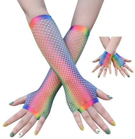 Sihaby 2 Paar Regenbogen Netzhandschuhe,Fingerlose 80er Party Handschuhe kurz und lang aus Netz,Neon Halloween Kostüm Handschuhe für Frauen