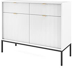 BETTSO - Nova KSZ-104 - Kommode - Kommode mit Schubladen - 83 cm hoch, 104 breit - 2 Schubladen - Geriffelt - für Wohnzimmer, Flur - 2-türig - Glamour - Weiß - mit golden Griffen und schwarzen Beinen