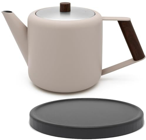 Bredemeijer doppelwandige Retro Teekanne 1.1 Liter beige - mit schwarzem Holz-Untersetzer - isolierende Kanne aus Edelstahl für längeren Teegenuss