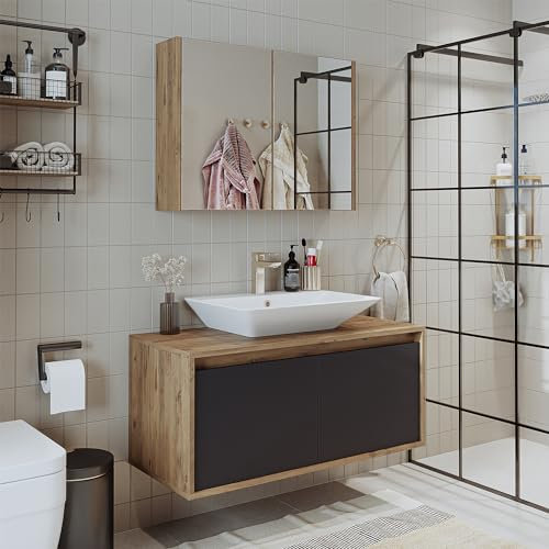 ROOMART • Badmöbel Set • Atlantic • 3-teilig • Keramik Waschbecken mit Unterschrank 65 cm, 85 cm, 100 cm, Spiegelschrank 80 cm (Anthrazit - Eiche, 100 cm)