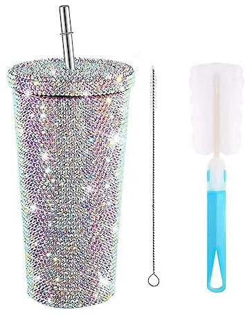 Bling Diamond Tumbler – Isolierter Edelstahlbecher mit Deckel und Strohhalm für sprudelnde Getränke, 500 ml