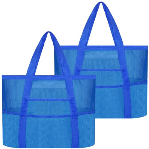 Amonsen Große Netz-Strandtasche mit 8 separaten Taschen, Netz-Aufbewahrungstasche für Strandurlaub, gut für Sllipers, Handtücher, Sonnencreme, Getränke, Dunkelblau, 2 Stück, XL