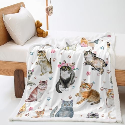 Plaid Rose Orange Chat Jeté de Canapé Flanelle et Laine Agneau Couverture Laine Conception Recto-Verso Plaid Canape Mou Plaid Polaire Soins Faciles Couverture Polaire 180x220cm