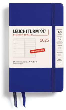 LEUCHTTURM1917 370504 Wochenkalender & Notizbuch Pocket (A6) 2025, Ink, Deutsch