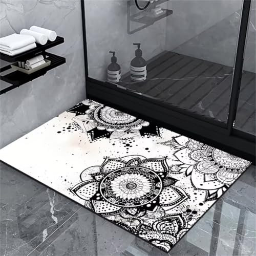 Fooyho Badematte rutschfest, Badvorleger Duschvorleger Schnelltrocknend, Badematte Stein Badematte Badläufer Saugfähig Mandala Absorbierende Badezimmerteppich Badteppich Badematte kleine 50x80cm