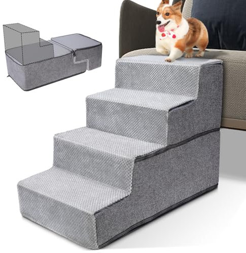 HEVOL Hundetreppe 4 Stufen für Hunde,Große Haustiertreppe aus 30D Hochdic Schwamm,rutschfeste Hunderampe Katzentreppe mit Abnehmbarer Bezug für Bett,Sofa(38 * 45 * 60 cm)-Grau
