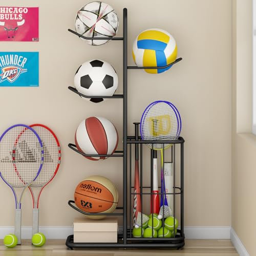 YIILII Multi-Function Sports Equipment Storage Racks - Adjustable and Durable Solutions for Organizing Balls, Toys, and Gear Indoors, in Garages, or Outdoors (5-Tier-Black-with Basket)
