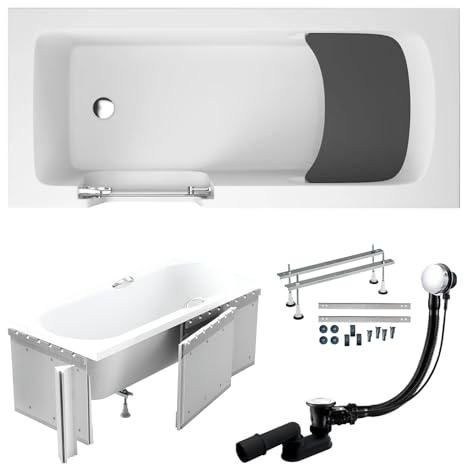 BADLAND Premium SET 6in1 Badewanne Rechteck Acryl Weiß Wanne, Seniorenbadewanne mit Glastür und Holzsitz VOVO 180x80 cm, Links mit Styroporverkleidung, Made in EU, mit Ablaufgarnitur und Füßen