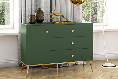 Konsimo Kommode ARICIA 120x85x40 cm - Modern Kommode mit Schubladen und Regale - Elegant Sideboard auf hohen Beinen fur Wohnzimmer und Schlafzimmer - Grün/Gold