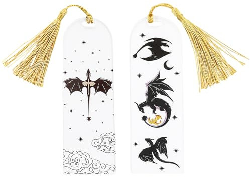 RYMAUP 2er-Pack Drachen-Lesezeichen, Cooles Drachen-Lesezeichen in Schwarz und Gold, Drachen-Lesezeichen aus Acryl mit Sonne und Wolken, Schwarz-Goldenes Drachen-Lesezeichen, für Buchliebhaber