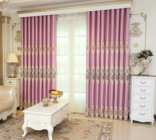 Wycian Kurze Gardinen mit Schlaufen Vorhang Kurz Verdunkelung Lila Rosa 2er Pack Blumen Bestickt H115 x B132 cm (2er Pack) Polyester