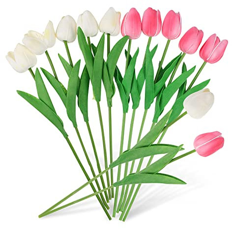 Vaguelly 10Pièces Bouquets De Tulipes Blanches Et Roses Fleurs Décoratives pour Jardin Décoration De Table Fenêtre Fausses Tulipes Réalistes