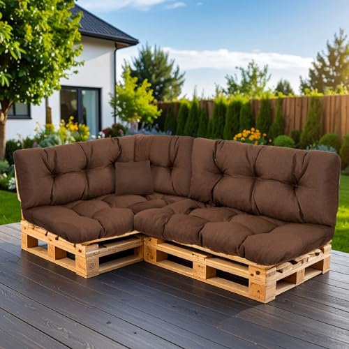 SLIPIO Palettenkissen, Kissen für Europaletten, FÜLLPRO+ Füllung, Wetterfest Palettenpolster (6-teiliges Set - 2X Rückenkissen 120x40cm + 2X Sitzkissen 120x80cm + 60x40 & 40x40 - Braun)