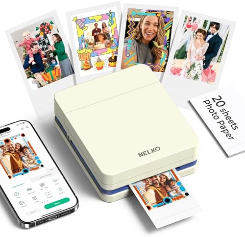 Nelko Fotodrucker für Smartphone,PP01 Mini Fotodrucker,20 Blatt,MilchigWeiß | Tintenstrahl‑Aufkleberdrucker für iOS & Android, mit Bearbeitungs‑App & selbstklebendem Fotopapier, Ideal für DIY und Schule