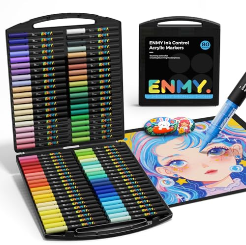 ENMY 80 Farben Acrylmalstifte, Direkte Flüssige Acrylmalstifte, Stoffmarker für Textil, Leinwand, Felsen, Glas, Holz, Papier, DIY, Acrylfarben Stifte für DIY Bastelbedarf