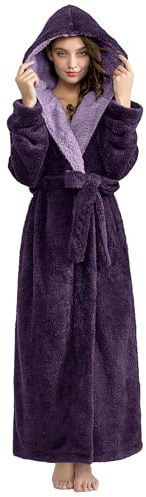 PUTUO Women Hooded Dressing Gown: Fleece Winter Warm Long Robes - Cosy Luxury Fluffy Purple Bathrobe for Ladies M