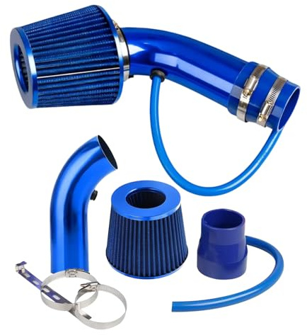 FortuneGlobe Kit de admisión de aire frío con filtro (Azul), Filtro Directo de Admisión, Tubo de Diámetro 76mm Sistema de Admisión de Aire de Fibra con Tubo