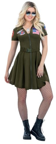 Smiffys Top Gun Ladies A-Line Dress Costume, Official Licensed Top Gun Movie Outfit, Green Military Dress with Belt & Pilot Badges, Women’s Aviator Halloween Fancy Dress, 80s Film Party, Small