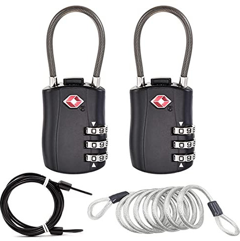 TSA Luggage Locks Pack, Digit Combination Padlockss and Steel Cable Combination Travel Security Lock, Luggage Travel Lock Coded Lock … (2 Pack)