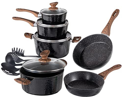 Induction Kitchen Cookware Sets Nonstick - Granite Hammered Pan Set 15 Piece, Dishwasher Safe Cooking Pots and Pans Set