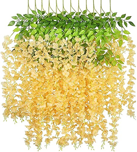 Yeehliny Künstlich hängende Blumen, Blauregen Seidenblumen,hängende Dekoration Garland Seide Blumen für Party Home Dekoration Hochzeiten, 110 cm, 12 stück (Champagner)