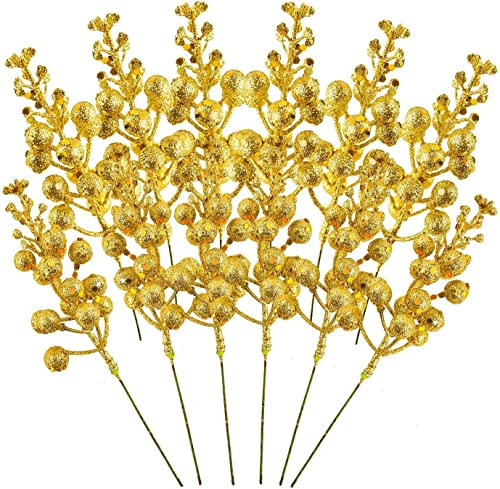 LATERN 14Pcs Christmas Glitter Berries Stems, 19CM Artificial Christmas Picks Simulation Holly Berries Pine Branch for Christmas Tree Ornaments, DIY Xmas Wreath, Holiday and Home Decor (Gold)