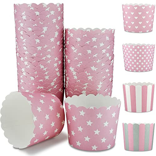 Frau WunderVoll® 100 Muffin Backformen, rosa, weiße Sterne, Durchmesser 6,1 cm/Muffinbackform, Muffinform, Cupcakeformen, Backförmchen, Cupcake Formen, Muffin Förmchen Papier