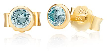 NKlaus Ohrstecker Gold 375 mit Zirkonia Aquamarin, Gelbgold, 4 mm, 2 Stück | Mit Butterfly-Verschluss, für Damen und Mädchen