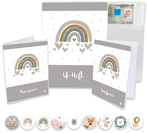 Minilino U Heft Hülle 3-teiliges Premium Set für Impfpass, Reisepass [ SCHÜTZT WICHTIGE DOKUMENTE ] Organizer für Untersuchungsheft und Reiseunterlagen | für Jungs, Regenbogen grau
