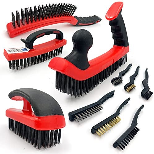 Ultimate Wire Brush Set, Includes x2 Rust Remover Wire Bristle Long Stiff Hand Brush, x1 Hand Block Metal Brush, x1 Dual Handle Large Steel Brush, x6 Small Wire Brushes for Cleaning Rust & Heavy Dirt