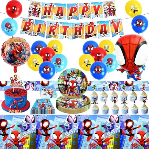 84pcs Geburtstagsdeko Set Partygeschirr Set Halloween Party Supplies mit Pappteller, Luftballons, Happy Birthday Banner, Cake Topper Tischdecke für Kinder Themen Partys