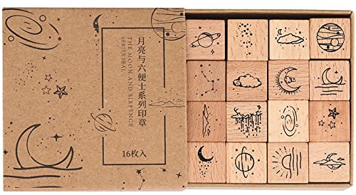 Namvo 16-teiliges Stempelset aus Holz, Mond und Stern, dekoratives Stempelset aus Holz, Universum, Planet, Stempel für DIY, Basteln, Kartenherstellung, Kalender