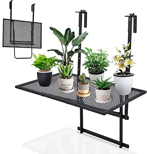 RELAX4LIFE Folding Hanging Table, Outdoor Balcony Railing Side Table with 5 Adjustable Heights, Patio Garden Metal Frame Flower Stand Plant Rack