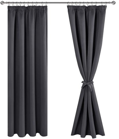 JIUZHEN Verdunklungsvorhänge Gardinen mit kräuselband Vorhang Blickdicht Gardinen Wohnzimmer Vorhänge Schlafzimmer Thermovorhang Dunkelgrau, H225 x B140 cm,2er Set