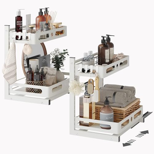 NETEL 2 Paquete Organizador Bajo Fregadero, Organizador de Armario de Cocina de 2 Niveles, Estante de Cocina, Estante Organizador Deslizantes para Almacenamiento de Cocina/Baño,Altura Ajustable,Blanco