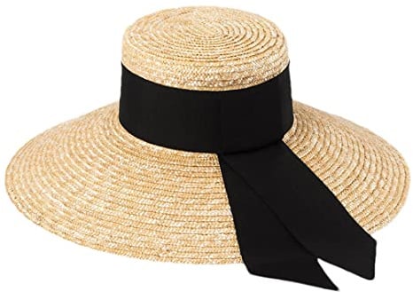 Rfmfkkg Sombrero de paja de ala grande con lazo ancho para mujer, con lazo y parte superior plana, sombrero de paja natural