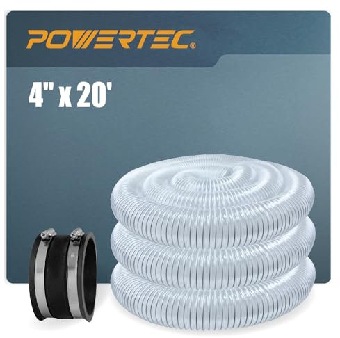 POWERTEC Flexibler PVC-Staubsammelschlauch mit Flex-Manschette für Tischsäge, Bandsäge, Hobel, Fugenmesser, Holzbearbeitung und Garage, Woodshop Staubsammelsystem (70388)
