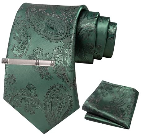 JEMYGINS Herren Paisley Krawatten set mit Krawattenklammer und Einstecktuch,dunkelgrün
