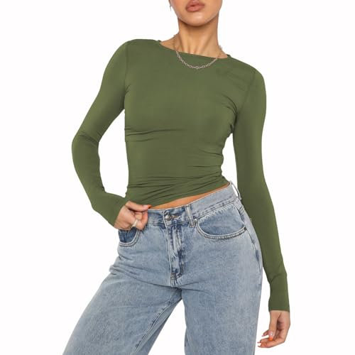 OYIGELZ Long Sleeve Shirt Women's Basic T-Shirt Crop Top Y2K Slim Fit Casual Tee Tops(ArmyGreen-d,S)