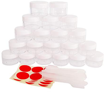 Wopanxye 20pcs 15g Plastic Empty Cosmetic Jars, 15ml Mini Sample Containers Pots Bottles with WHITE Lids, for Makeup Eyeshadow Bath Lotion Facial Cream Toner Slime, Small Tin Beauty Toiletry Storage