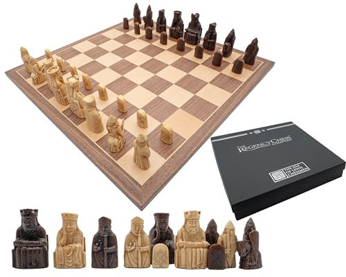 Lewis Isle of Lewis Deluxe Schachspiel mit Gewicht und Filz, 15,75 Zoll Walnuss und Ahorn Board mit Gummischonern, inklusive Lineal, Lewis Isle of Lewis Broschüre und Tuch