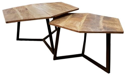 Amago home Couchtisch Set 2 Stück Wohnzimmer Beistelltisch Satztisch Gestell Metall Tischplatte vollmassiv Farbe schwarz matt - Tabacco