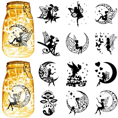 CREATCABIN 12Pcs Fairy Angel Silhouettes Mason Jar Decor Moon Laser Cut Cardboard Scrapbook Cutouts Die Cuts PVC for DIY Crafting Lantern Jars Wall Painting Window Glass 3.9x3.5Inch-No Sticker