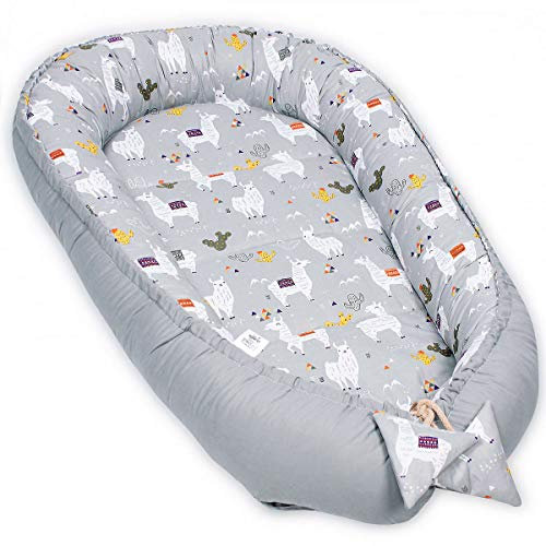 PaLulli Kuschelnest 2-seitig Babynest Babynestchen Baby Nest Nestchen Reisebett Wickelauflage Kuschelbett, Kokon Kokon für Babybett - Babys und Säuglinge, 100% Baumwolle Oeko TEX (Lama In My Room)
