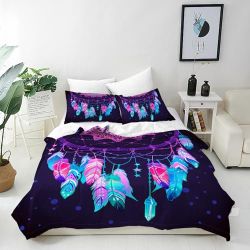 ANHOPE Bunt Boho Traumfänger Feder Bettwäsche Set Weich Microfaser Bettbezüge mit Reißverschluss 2 Teilig Bettbezug 135x200 cm & Kissenbezug 80x80 cm Ganzjahres Bettdeckenbezug Set