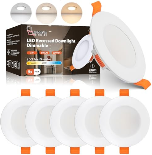 Wesome Lighting Ultra Flach LED Einbaustrrahler 230V, 5W 550LM Dimmbar, 3 Farbtemperaturen (3000K/4000K/6500K), IP44 Bad Deckenleuchten, 6er Pack, Energieeffizienzklasse C