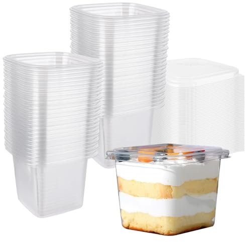 MEIDIV 100PCS Plastic Dessert Cups with Lids, 360ml Square Dessert Pots, Clear Cheesecake Pots Parfait Cup, Plastic Dessert Bowls, Plastic Cups with Lids for Cupcakes Dessert Pudding Mousse Ice Cream