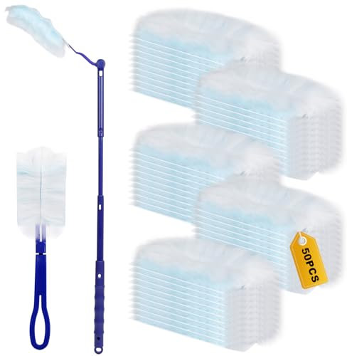 AiQInu 52 Piezas Recambios para Plumero de Polvo, 50 Recarga De Plumero Manual con 1 Mango Largo Y 1 Mango Corto, Paño de Microfibra para Recambio de Plumero, para Pelo de Animales, Polvo, Suciedad
