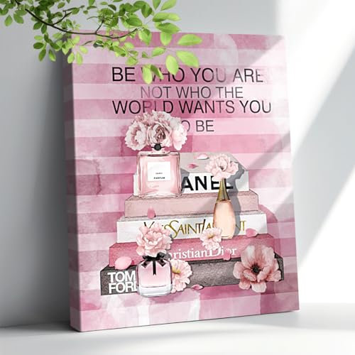 Koctwin Modischer Frauen-Kunstdruck, rosa Blumen, Malerei, Leinwand, Vogue, Parfüm, Poster mit Rahmen, fertig zum Aufhängen, für Mädchen, Geschenk, Schlafzimmer, Ankleidezimmer, 20,3 x 25,4 cm